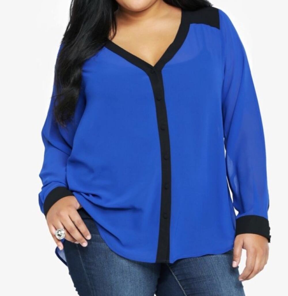 TORRID Hi-Lo Blouse Sheer Open Draped Back Blue Black Women's 2 (18/20)